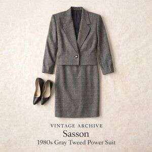 Vintage Sasson 80s Structured Gray Wool-Blend Tweed Power Suit Blazer & Skirt 14